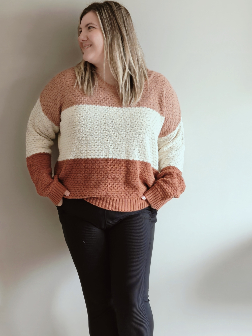 Warehouse One Rust Cream Peach Textured Knit Colorblock Pullover Sweater Size L